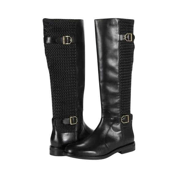 Cole Haan Clover Woven Stretch Tall Black Buckle Leather Riding Boots Size 6.5 - Picture 1 of 7